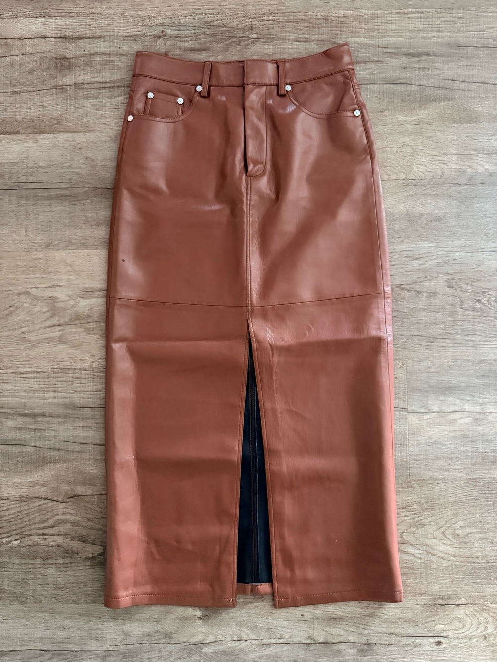 BlankNYC Faux Leather Midi Skirt in Rust